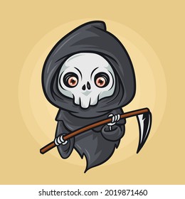 cute grim reaper cartoon style holding schyte