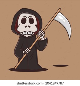 Cute Grim reaper Cartoon Vector illustration. Halloween Mascot character.