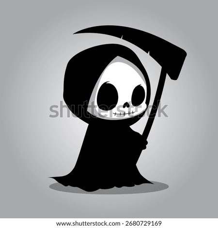 Cute grim reaper character in black hood holding a scythe, spooky cartoon mascot for Halloween theme.