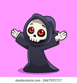 Cute Grim Reaper Cheering with Open Arms Fun and Spooky Cartoon Illustration