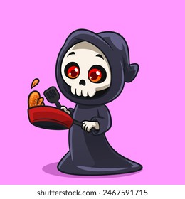 Cute Grim Reaper Cooking Fun and Spooky Cartoon Illustration