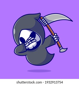 Cute Grim Reaper Dabbing Cartoon Vector Icon Illustration. Skull Halloween Icon Concept Isolated Premium Vector. Flat Cartoon Style