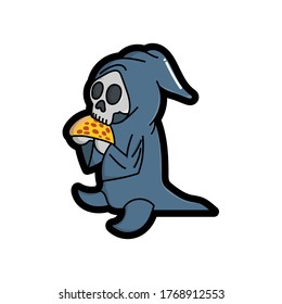 Cute grim reaper is eating pizza good for Halloween costumes, stickers, doodles, cartoon, t shirt design, childish, mascot, restaurant