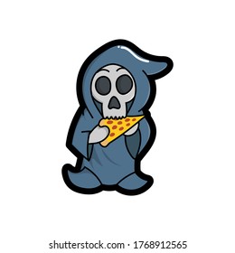 Cute grim reaper is eating pizza good for Halloween costumes, stickers, doodles, cartoon, t shirt design, childish, mascot, restaurant