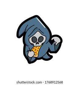Cute grim reaper is eating pizza good for Halloween costumes, stickers, doodles, cartoon, t shirt design, childish, mascot, restaurant