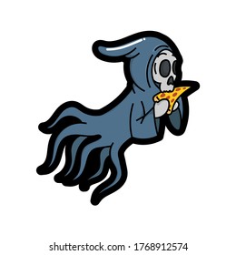 Cute grim reaper is eating pizza good for Halloween costumes, stickers, doodles, cartoon, t shirt design, childish, mascot, restaurant