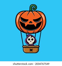 Cute Grim Reaper Flying With Pumpkin Air Balloon Cartoon Vector Icon Illustration. Hallowen Icon Concept Isolated Premium Vector. Flat Cartoon Style