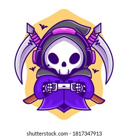 Cute Grim Reaper Gaming mit Scythe Cartoon Vektorsymbol Illustration. Halloween Gaming Icon Konzept isoliert Premium Vektorgrafik. Flachbildkartonstil