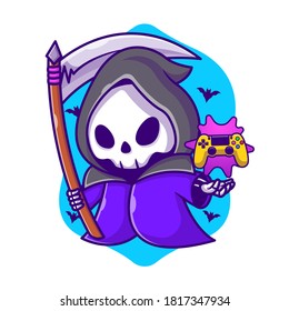 Cute Grim Reaper Gaming With Scythe Cartoon Vector Icon Illustration. Halloween Gaming Icon Concept Isolated Premium Vector. Flat Cartoon Style