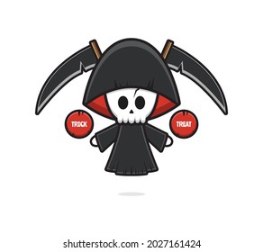 Cute grim reaper halloween give trick or treat cartoon icon illustration. Design isolated flat cartoon style