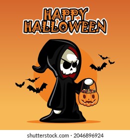 Cute Grim Reaper in Happy Halloween Vector Illustration