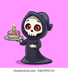 Cute Grim Reaper sosteniendo pastel de cumpleaños divertido y fantasmagórico ilustración de dibujos animados