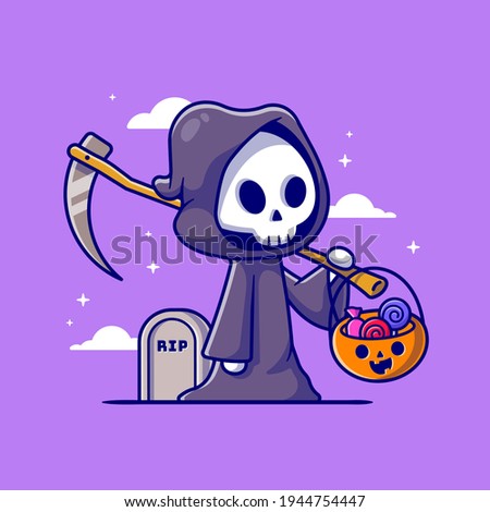 Cute Grim Reaper Holding Candy Basket Cartoon Vector Icon Illustration. People Holiday Icon Concept Isolated Premium Vector. Flat Cartoon Style