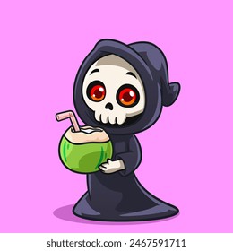 Cute Grim Reaper Holding Coconut Drink Fun and Spooky Cartoon Illustration