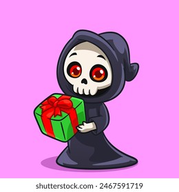 Cute Grim Reaper Holding a Gift Fun and Spooky Cartoon Illustration