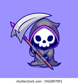 Cute Grim Reaper Holding Scythe Cartoon Vector Icon Illustration. Halloween Holiday Icon Concept Isolated Premium Vector. Flat Cartoon Style