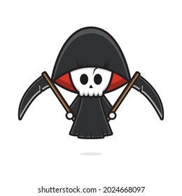 Cute grim reaper holding scythe halloween cartoon icon illustration. Design isolated flat cartoon style