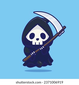 Cute grim reaper holding scythe cartoon vector illustration halloween holiday concept icon isolated