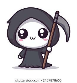 cute grim reaper holding scythe cartoon character vector illustration template design