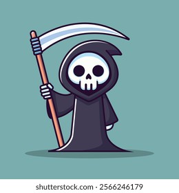 Cute Grim Reaper Holding Scythe Cartoon Vector Icon Illustration. Halloween Holiday Icon Concept Isolated Premium Vector. Flat Cartoon Style