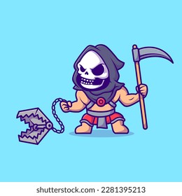 Cute Grim Reaper Holding Trap and Scythe Cartoon Vector Icon Illustration. People Holiday Icon Concept Isolated Premium Vector. Flat Cartoon Style