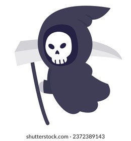 Cute grim reaper illustration vector, cartoon skull with robe and scythe for halloween decoration