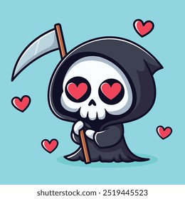 Cute Grim Reaper con ojos de amor - Ilustración vectorial linda de dibujos animados de Halloween