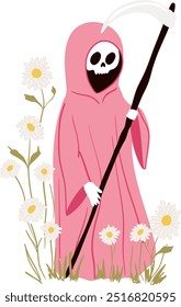 Süße grimmige Schnitter in rosa Robe mit Sense unter Gänseblümchen. Skelett Tod in rosa Gewand steht unter Blumenfeld. Postkarte, Poster für Halloween. Vektor einfache flache Stil pinkoween