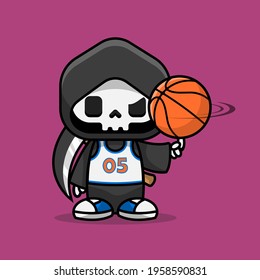 Cute grim reaper playing basket ball with the uniform numbered zero five