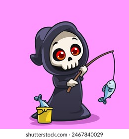 Cute Grim Reaper Playing Guitar Adorable Cartoon Character Illustration