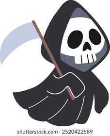 Süße Grim Reaper mit Scythe Kinder Halloween-Charakter. Cartoon-Stil Todesfigur. Weißer Hintergrund.