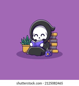 cute grim reaper sitting while reading book