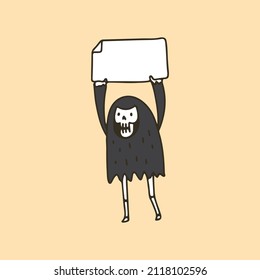Cute Grim Reaper Skull holding Empty White Paper, illustration for t-shirt, poster, sticker, or apparel merchandise. With cartoon style.
