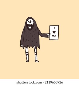 Cute Grim Reaper Skull holding paper with i love me typography , illustration for t-shirt, sticker, or apparel merchandise. With retro cartoon style.