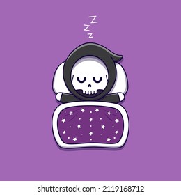 cute grim reaper sleeping with pillow and blanket