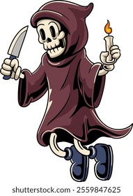 Cute Grim Reaper Vector cartoon illustration in Retro Groovy Style