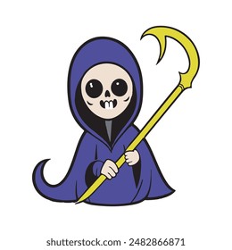 Vector de parca lindo. Muerte con el arte del Clip Scythe. Esqueleto en bata de parca. Vector plano en estilo de dibujos animados