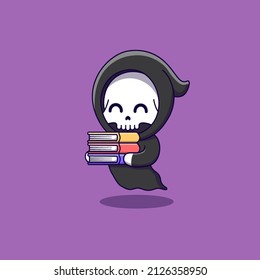 cute grim reaper walking and bring some books