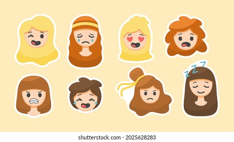 Cute grimaces emotions stickers. Mischievous and sad faces of girls. Falling in love and surprised amazement with stylish hairstyle. Anger and depressed state. Relaxing sleep. Vector cartoon label