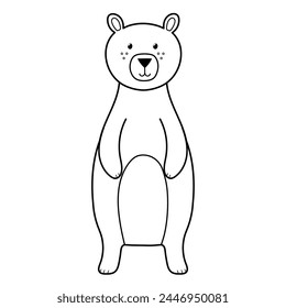 Cute grizzly bear animal in black and white. Funny forest character for kids design in outline. Vector illustration 