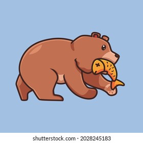 süßer Grizzlybär, der einen Lachsfisch auf dem Fluss fängt. Cartoon Tierart Konzept isolierte Illustration. Flachstil geeignet für Aufkleber-Logo-Design-Premium-Logo-Vektorgrafik. Mascot-Zeichen