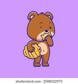 Cute Grizzly Bear Eating Honey Cartoon Vector Icon Illustration. Animal Nature Concept. Flat Cartoon Style.