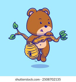 Cute Grizzly Bear Hanging On A Branch Holding A Honey Cartoon Vector Icon Illustration. Animal Nature. Flat Cartoon Style.