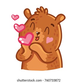 Cute Grizzly Bear: in love, sending air kiss with heart, romantic, relationship emotion. Set of characters in vector hand drawn style, doodle cartoon illustration. As logo, mascot, sticker, emoji