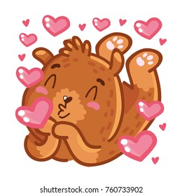 Cute Grizzly Bear: in love, sending air kiss with heart, romantic, relationship emotion. Set of characters in vector hand drawn style, doodle cartoon illustration. As logo, mascot, sticker, emoji