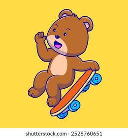 Cute Grizzly Bear Playing Skateboard Cartoon Vector Illustrations. Animal Sport Activities. Flat Cartoon Outline Style.