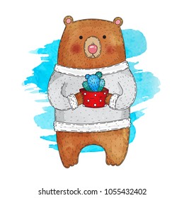 Cute grizzly bear in pullover and flowerpot and cactus in paws  Vector watercolor  Cartoon style  Watercolor blob