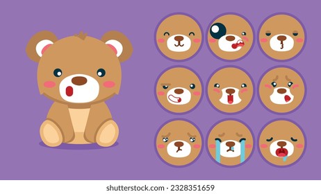 Cute Grizzly Bär, Set von Tieremotionen, winziger Teddy mit Emoji Kollokation, Schlafen, Weinen, Traurig, gelangweilt, glücklich, aufgeregt, liebenswert, überrascht, sorglos, selbstbewusst, erschreckt, betäubt, flatter Vektor