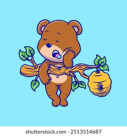 Cute Grizzly Bear Sleeping On A Branch Cartoon Vector Icon Illustration. Animal Nature Concept. Flat Cartoon Style.