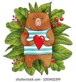 Cute grizzly bear in striped sailor suit with heart toy in paws. Vector watercolor. Cartoon style. Green leaves and red berries. Wild bear in the forest